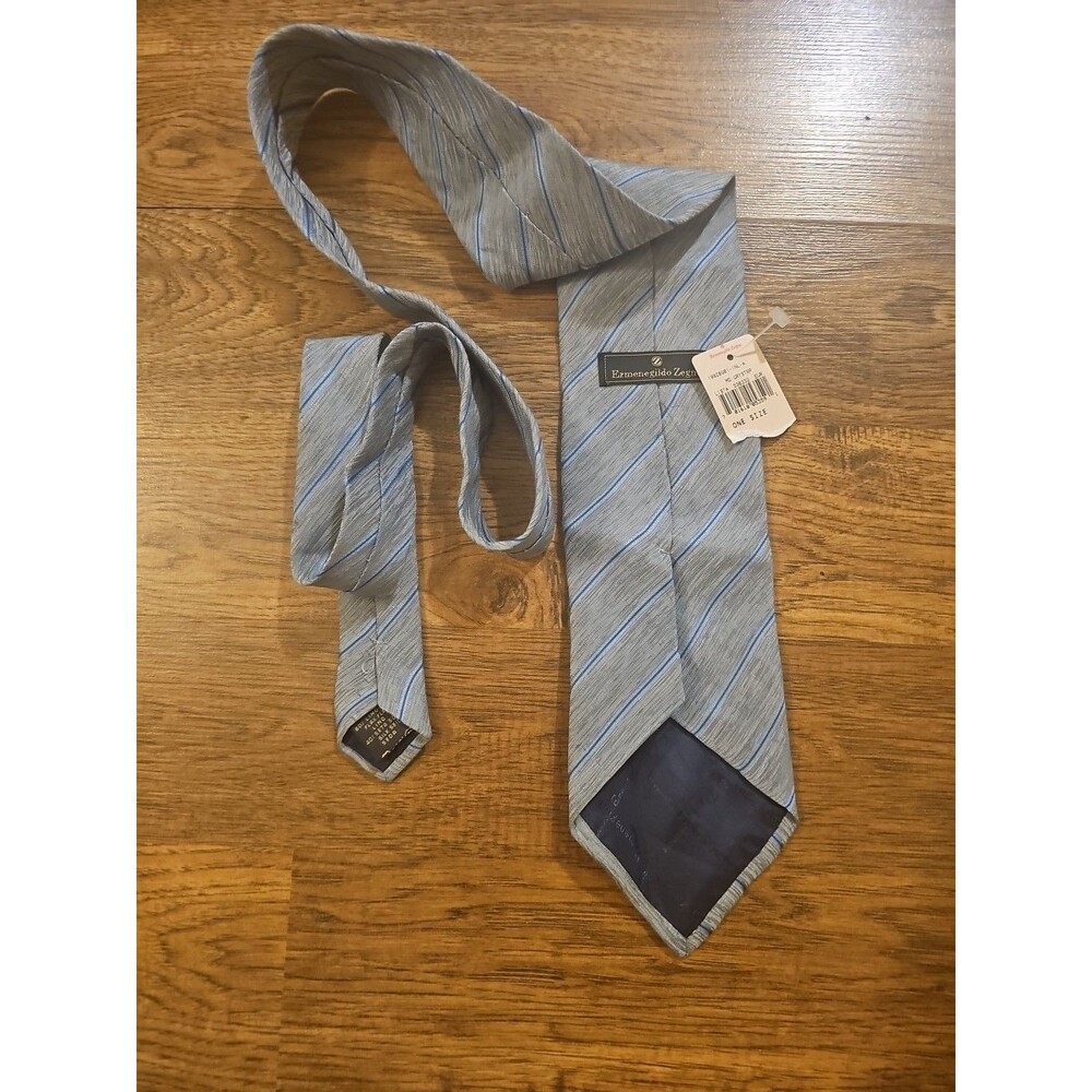 NWT Vintage Ermenegildo Zegna Flax Seta Silk Tie Grey Blue Striped Mens